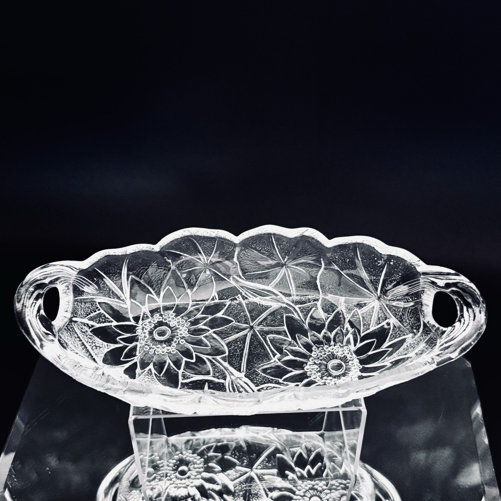 Vintage Indiana Clear Pressed Glass Oval Relish Dish W Handles Floral Relief